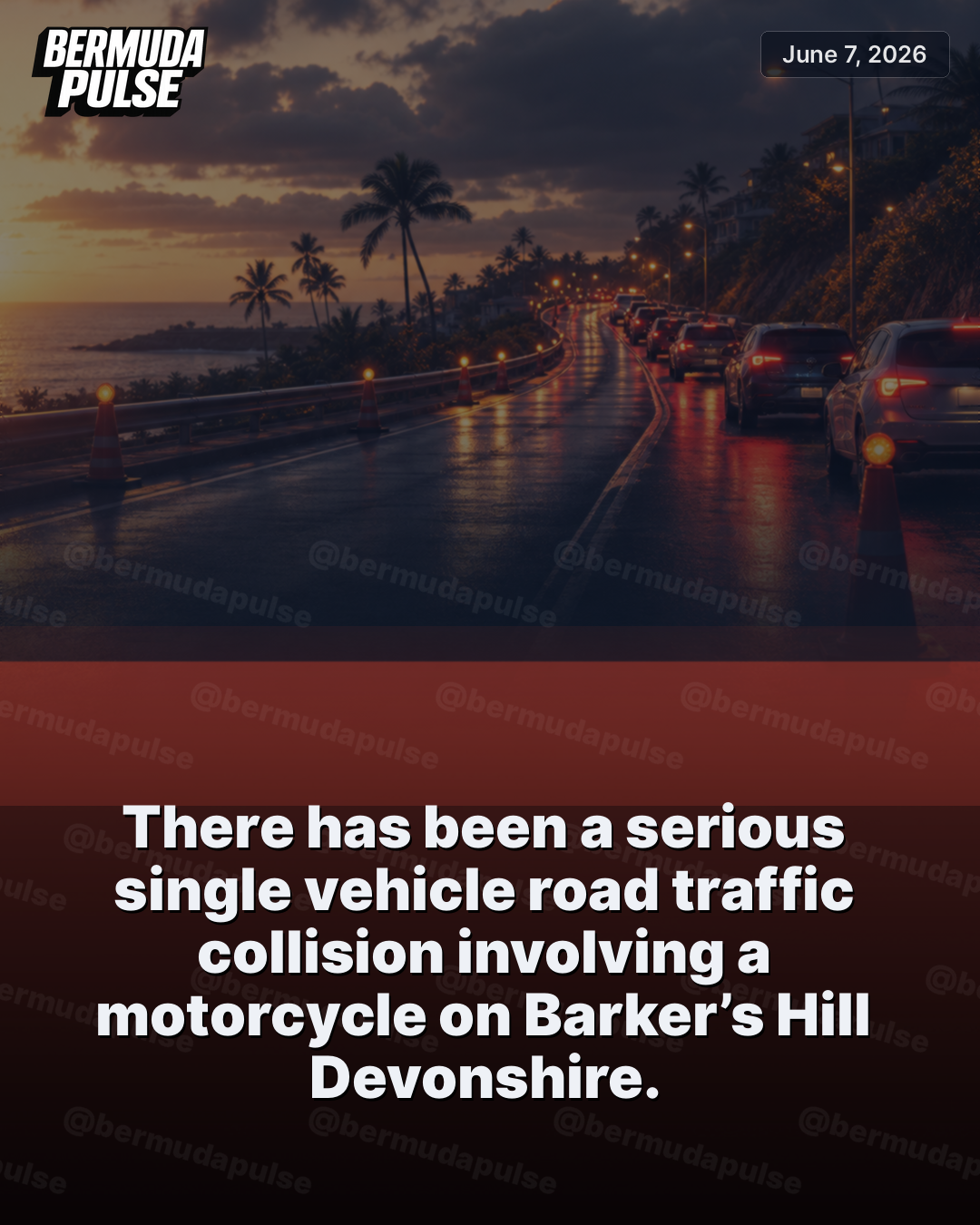 There has been a serious single vehicle road traffic collision involving a motorcycle on Barker’s Hill Devonshire.