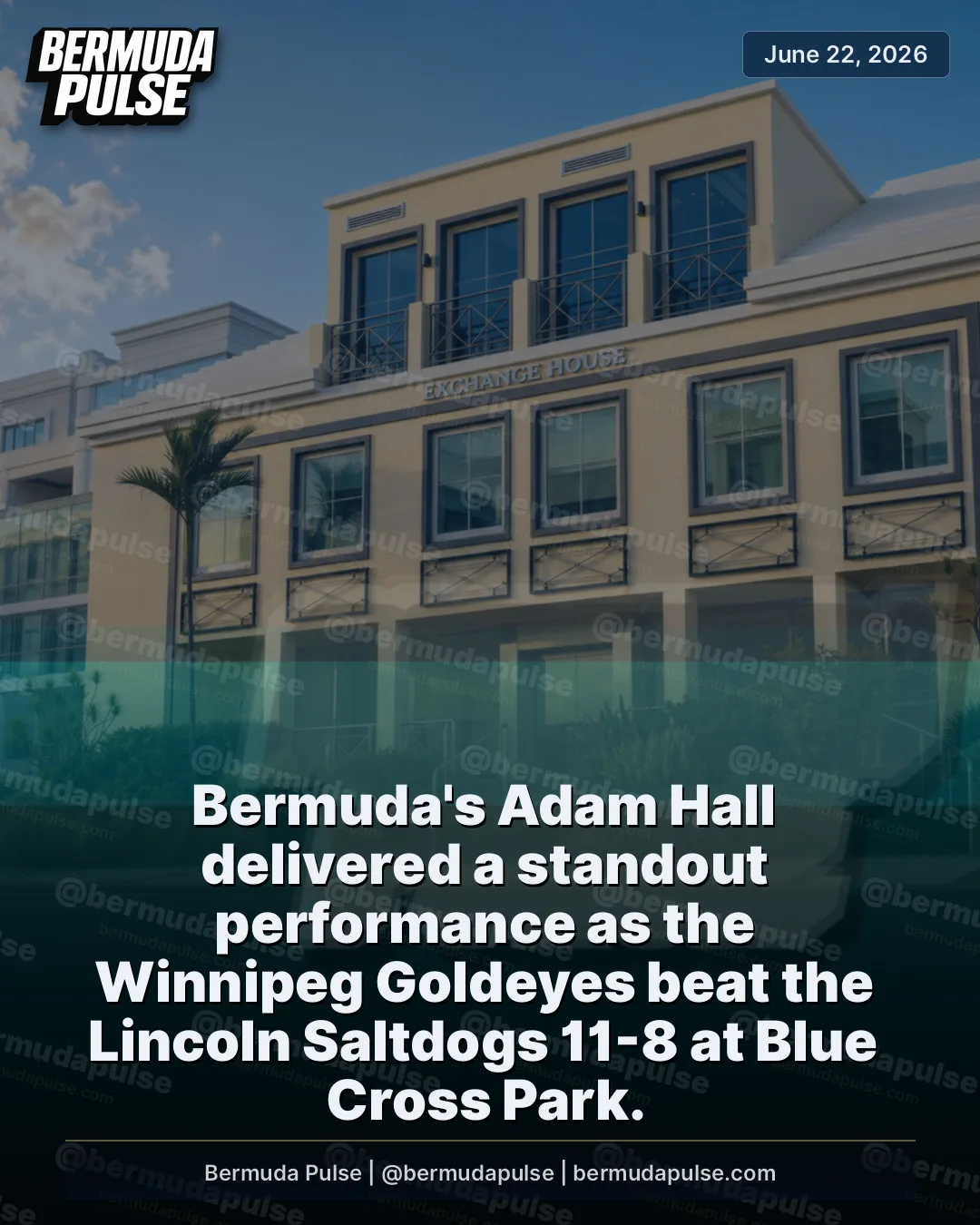 Bermuda's Adam Hall delivered a standout performance as the Winnipeg Goldeyes beat the Lincoln Saltdogs 11-8 at Blue Cross Park. He finished with two doubles and a triple, driving in three runs as Winnipeg won its third straight game.