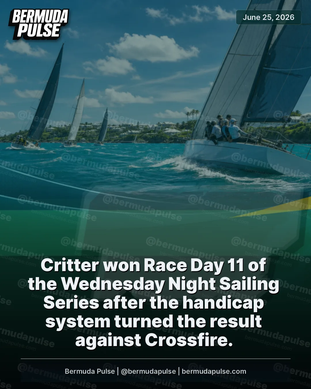 Critter won Race Day 11 of the Wednesday Night Sailing Series after the handicap system turned the result against Crossfire.