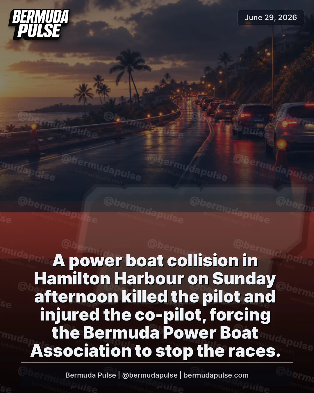 A power boat collision in Hamilton Harbour on Sunday afternoon killed the pilot and injured the co-pilot, forcing the Bermuda Power Boat Association to stop the races.