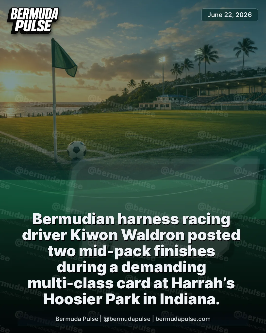 Bermudian harness racing driver Kiwon Waldron posted two mid-pack finishes during a demanding multi-class card at Harrah’s Hoosier Park in Indiana. He drove Odds On Candy to fourth in Race 1 on the seven-eighths-mile dirt oval, clocking 1:55.3 in the Pace Class.
