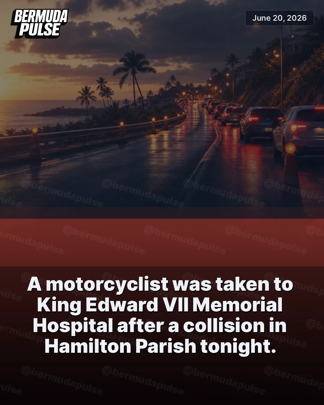 BREAKING: A motorcyclist was taken to King Edward VII Memorial Hospital after a collision in Hamilton Parish tonight.
