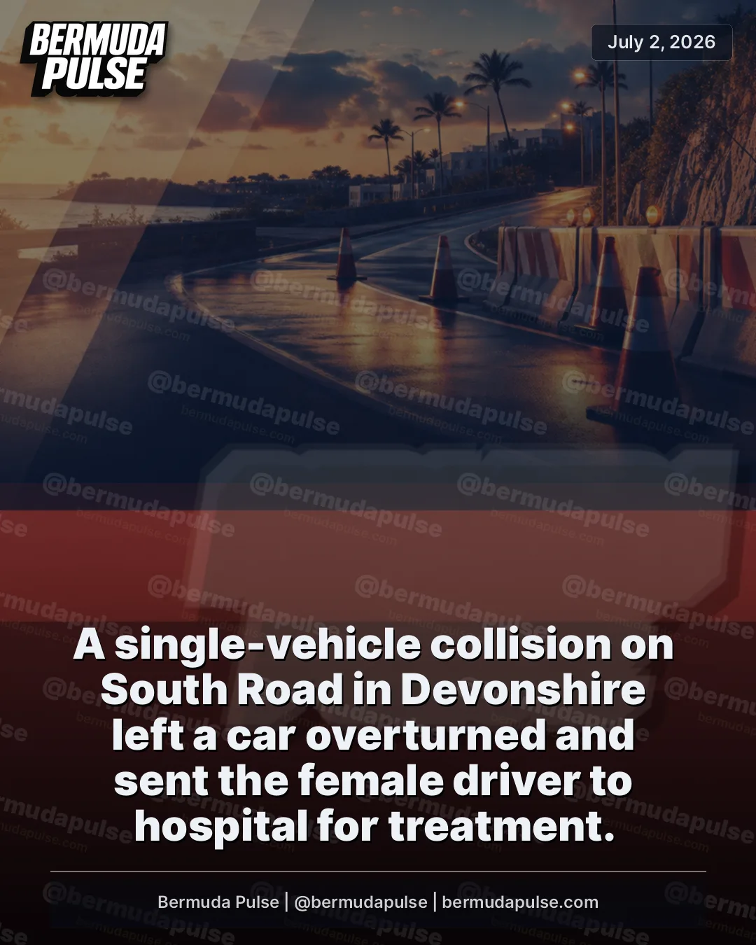 BREAKING: A single-vehicle collision on South Road in Devonshire left a car overturned and sent the female driver to hospital for treatment.