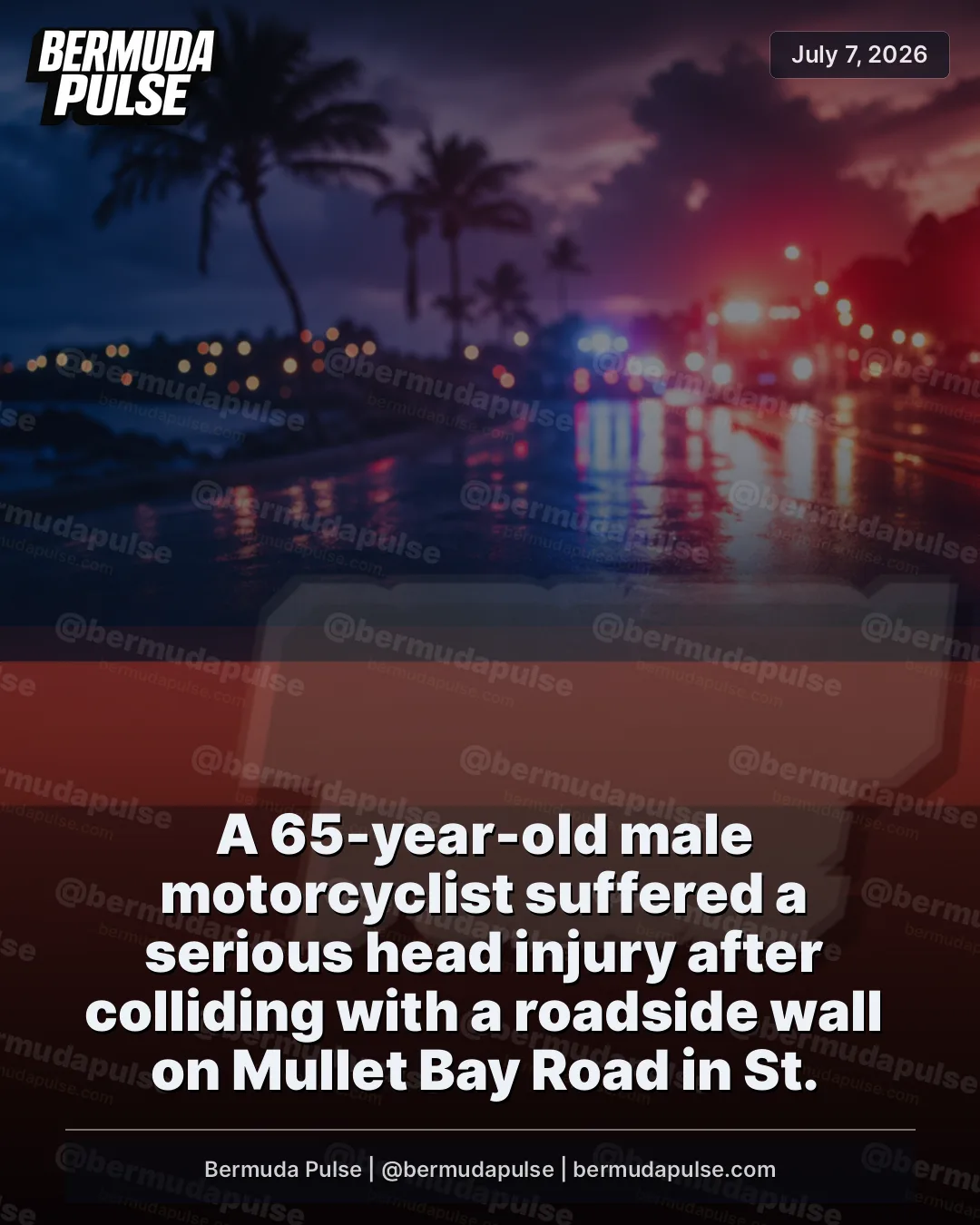 BREAKING: A 65-year-old male motorcyclist suffered a serious head injury after colliding with a roadside wall on Mullet Bay Road in St.