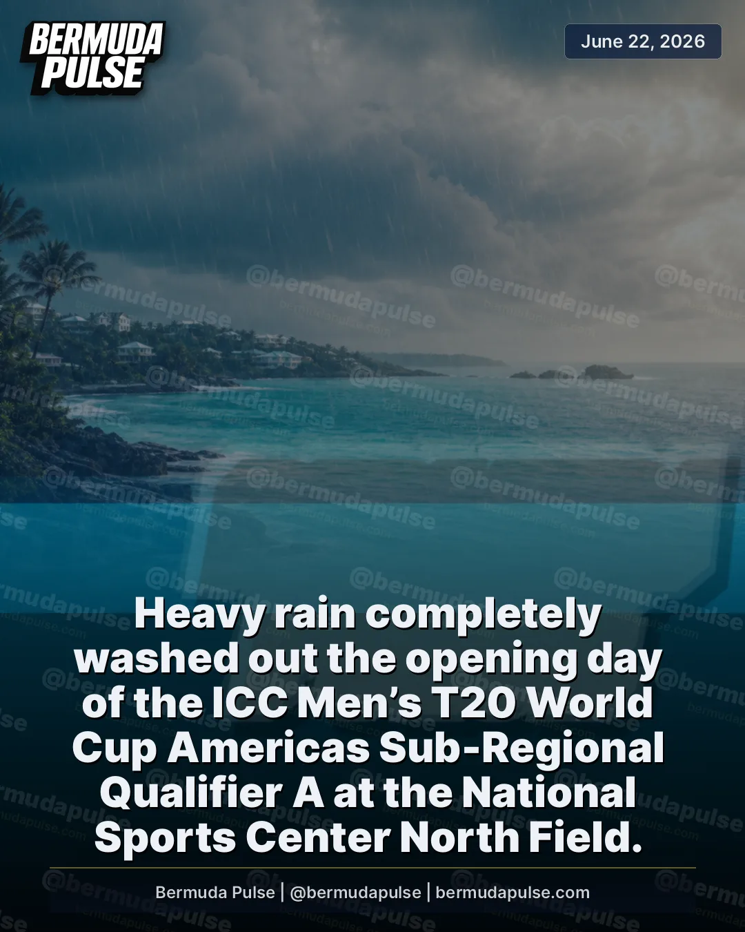 Heavy rain completely washed out the opening day of the ICC Men’s T20 World Cup Americas Sub-Regional Qualifier A at the National Sports Center North Field. Panama and Belize were abandoned without a ball being bowled, while Bermuda’s match against the Bahamas was halted after 2.3 overs.