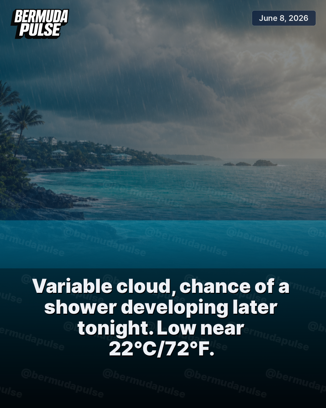 WEATHER ALERT: Variable cloud, chance of a shower developing later tonight. Low near 22°C/72°F.