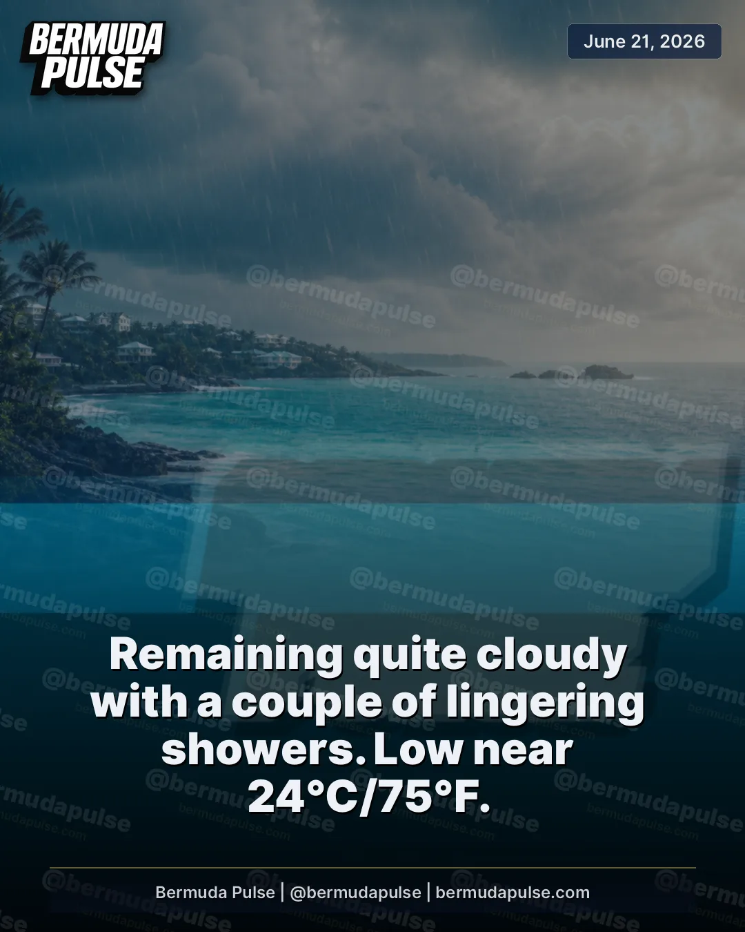 WEATHER ALERT: Remaining quite cloudy with a couple of lingering showers. Low near 24°C/75°F.