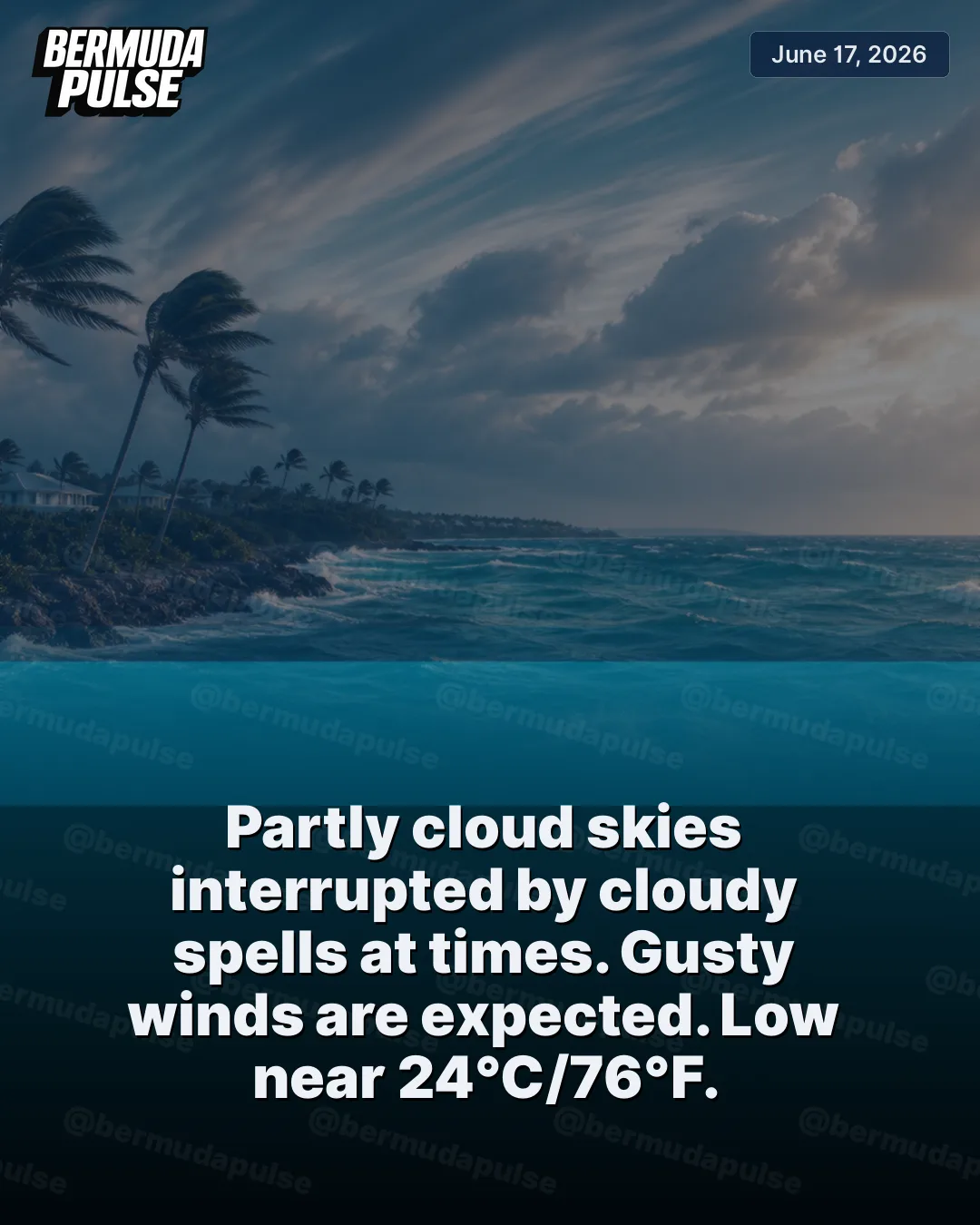 WEATHER ALERT: Partly cloud skies interrupted by cloudy spells at times. Gusty winds are expected. Low near 24°C/76°F.