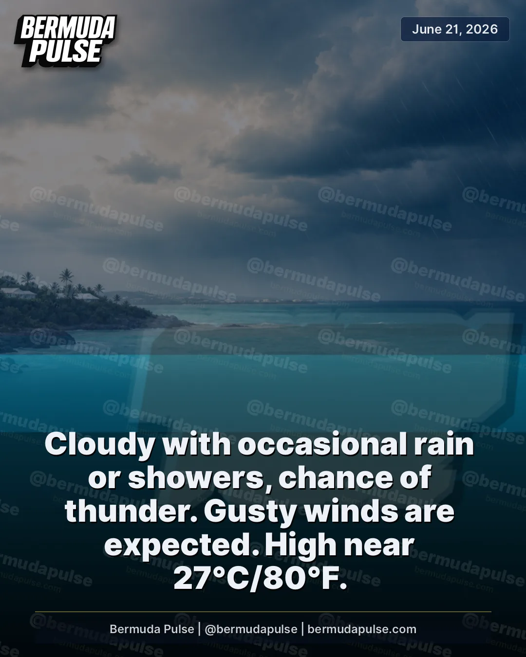 WEATHER ALERT: Cloudy with occasional rain or showers, chance of thunder. Gusty winds are expected. High near 27°C/80°F.